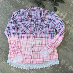 One of a kind distressed plaid with lace shirt